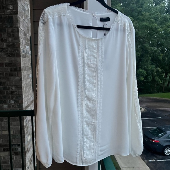 🆕 ✨ Tahari White Long Sleeve Blouse XL Feminine Lace Trim Elegant Scoop Neck Top - Picture 3 of 13